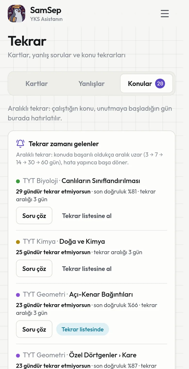 Tekrar ekranı: tekrar zamanı gelen konular, son doğruluk ve tekrar aralığı