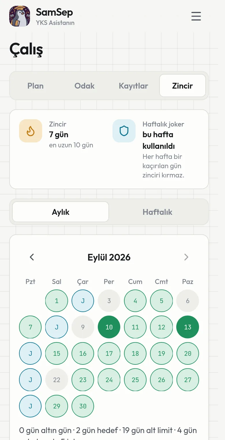 Zincir ekranı: aylık takvimde hedefe ulaşılan günler ve haftalık joker